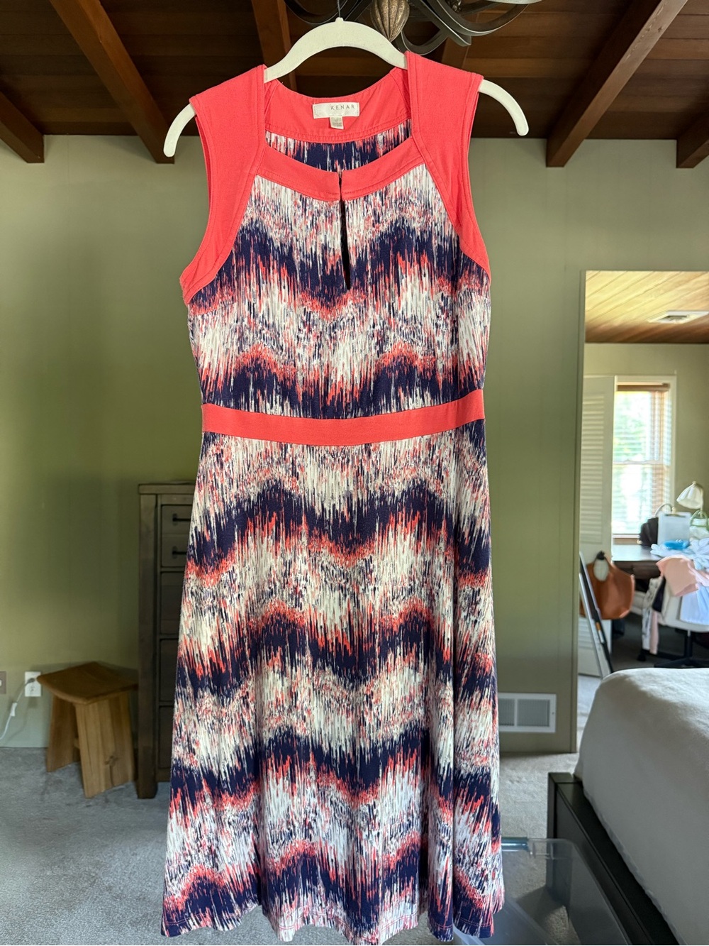 Kenar Coral and Navy Patterned Sleeveless Midi Dress
